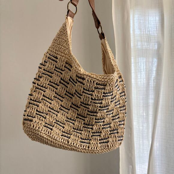 Sonoma Women's Beige Navy Woven Straw Crossbody Purse Lined - Picture 3 of 8